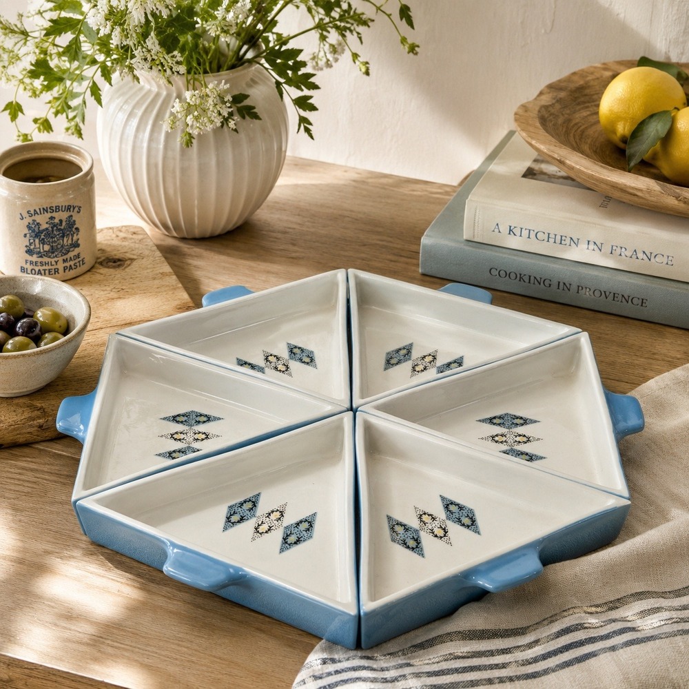 Vintage Blue Divided Serving Tray Ceramic Snack Dish MCM Kitchen Decor Set